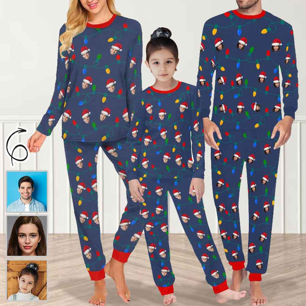 Personalized Family Matching Long Sleeve Pajamas Set Custom Face Christmas Hat LED Lights Pajamas Nightwear