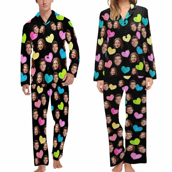 【Flash Sale】Personalized Couple Matching Long Pajama Set Custom Face V-Neck Buttons Sleepwear Slumber Party