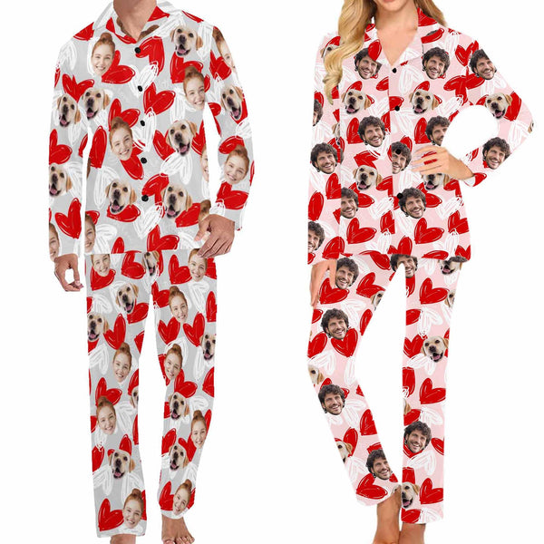 【Flash Sale】Personalized Couple Matching Long Pajama Set Custom Face V-Neck Buttons Sleepwear Slumber Party