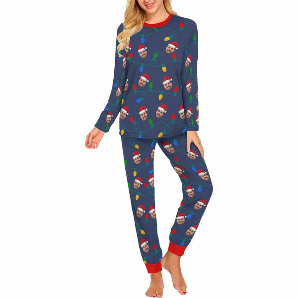 Personalized Family Matching Long Sleeve Pajamas Set Custom Face Christmas Hat LED Lights Pajamas Nightwear