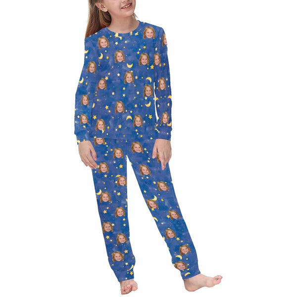 Personalized Family Matching Long Sleeve Pajamas Set Custom Face Blue Starry Sky Nightwear