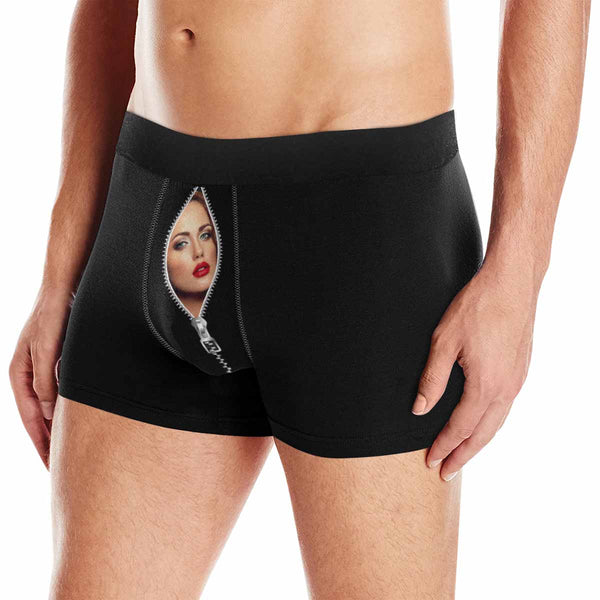 Personalized Underwear Custom Face Black Zip Boxer Briefs For Couple Valentine's Day Gift