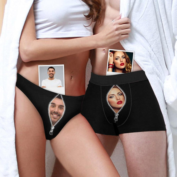 Custom Couple Matching Briefs Black Zip Personalized Photo Underwear